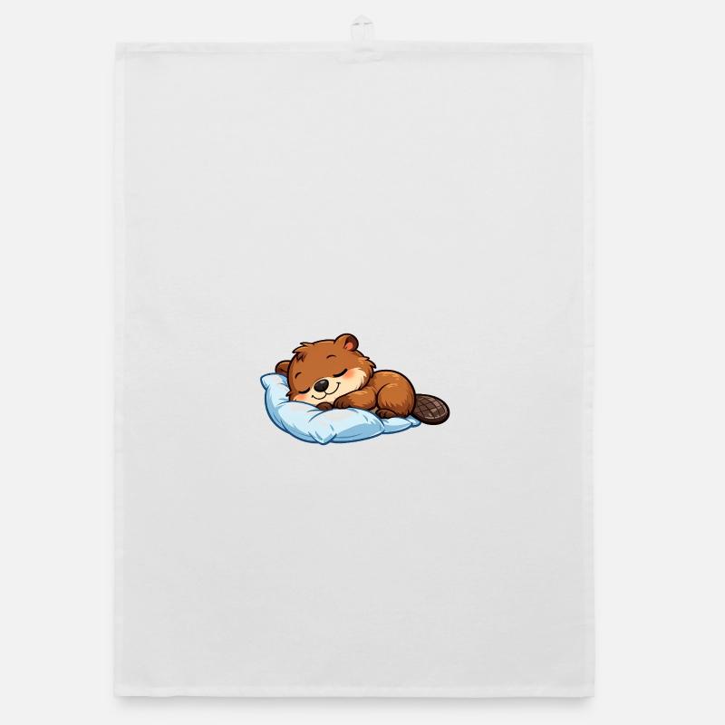 Sleeping Beaver on Blue Pillow Organic dish towel