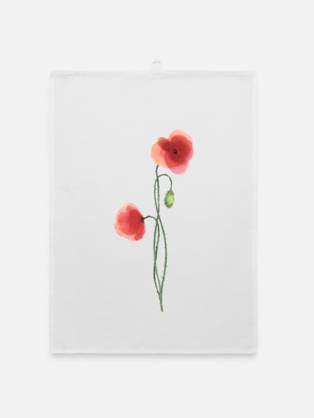Flower: red poppy - Organic dish towel - white - Front