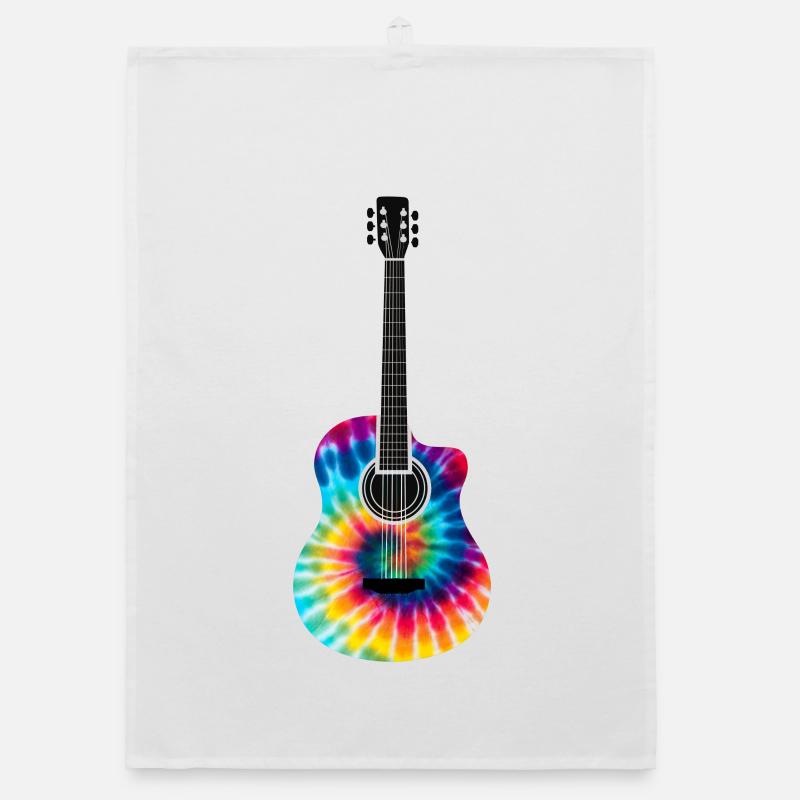 Multi-Colored Tie Dye Guitar Design - Organic dish towel - white