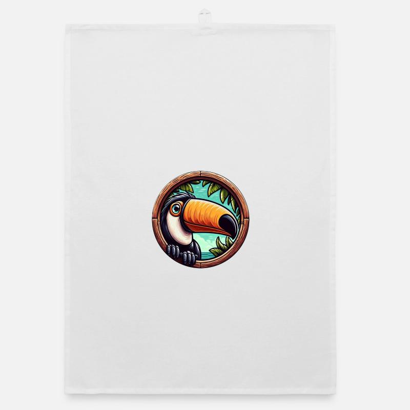 Cartoon toucan looking through round window Organic dish towel