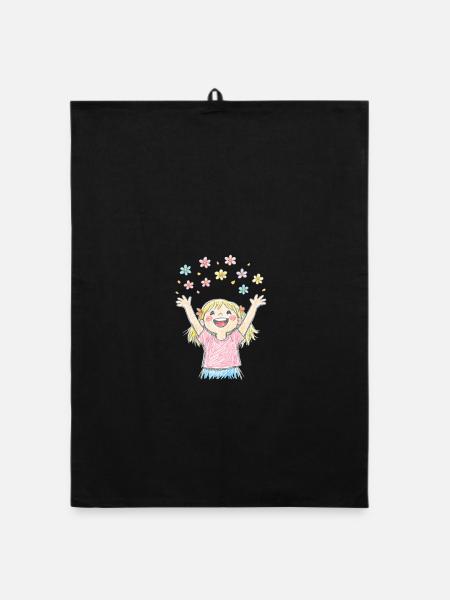 Cheerful girl scatters flowers - Organic dish towel - black - Front