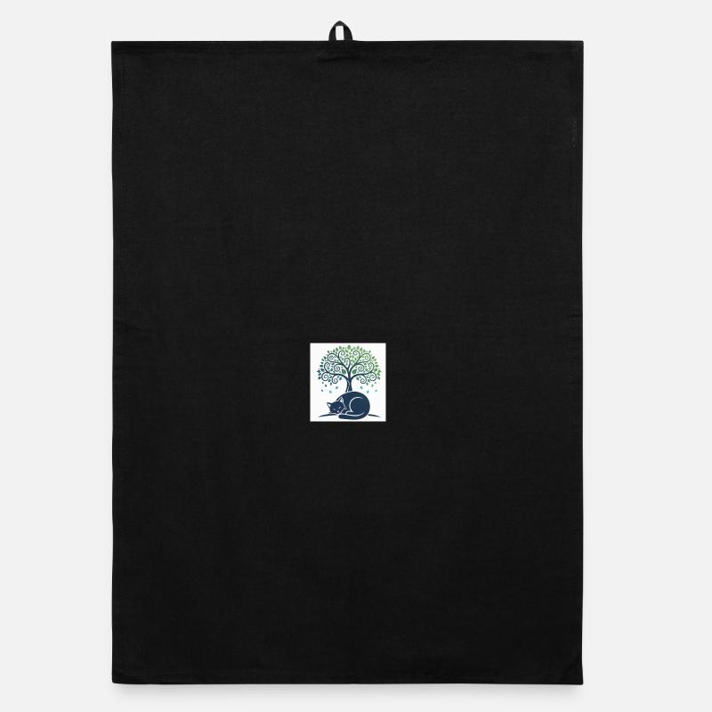 Sleeper cat under tree swirl Organic dish towel