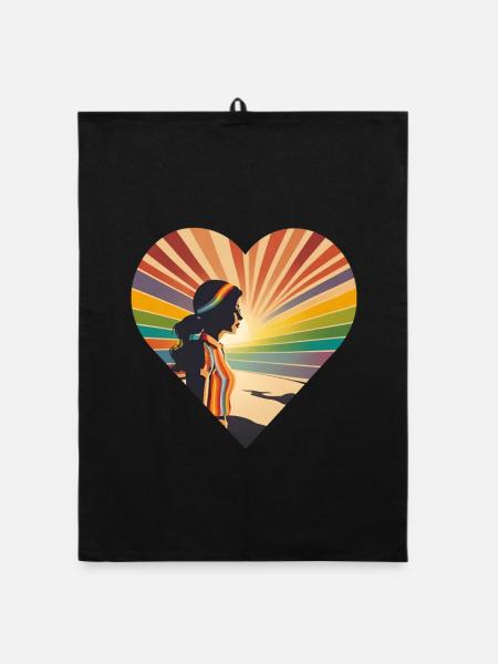 Regenbogen Retro, Frau im Herz , Einzigarting - Organic Geschirrtuch - Schwarz - Vorne