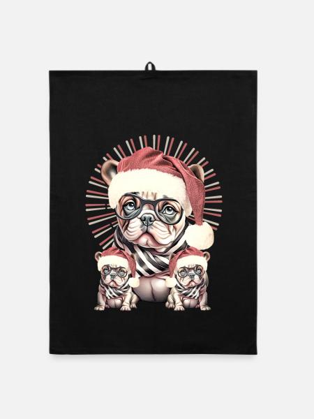 Weihnachtsbulldog mit Brille - Organic Geschirrtuch - Schwarz - Vorne