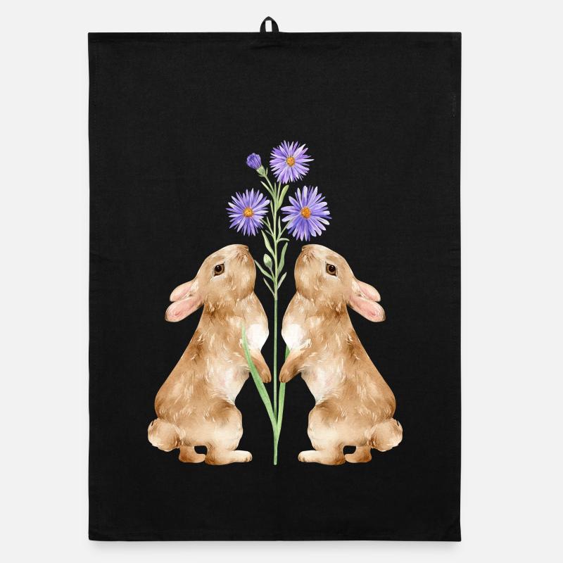 Zwei süße Hasen mit Blumen - Organic Geschirrtuch - Schwarz