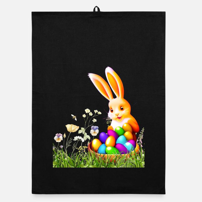 Lapin de Pâques avec des œufs colorés - Torchon bio - noir