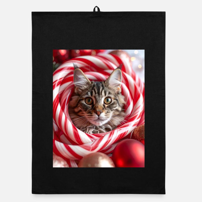 Christmas cat between candy sticks Organic dish towel