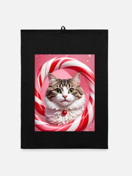 Chat de Noël en conception d’anneau de bonbons - Torchon bio - noir - Devant