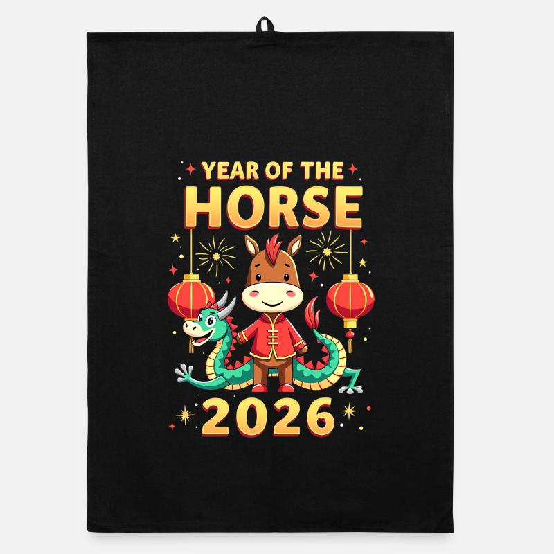 Nouvel An chinois du cheval 2026 Torchon bio