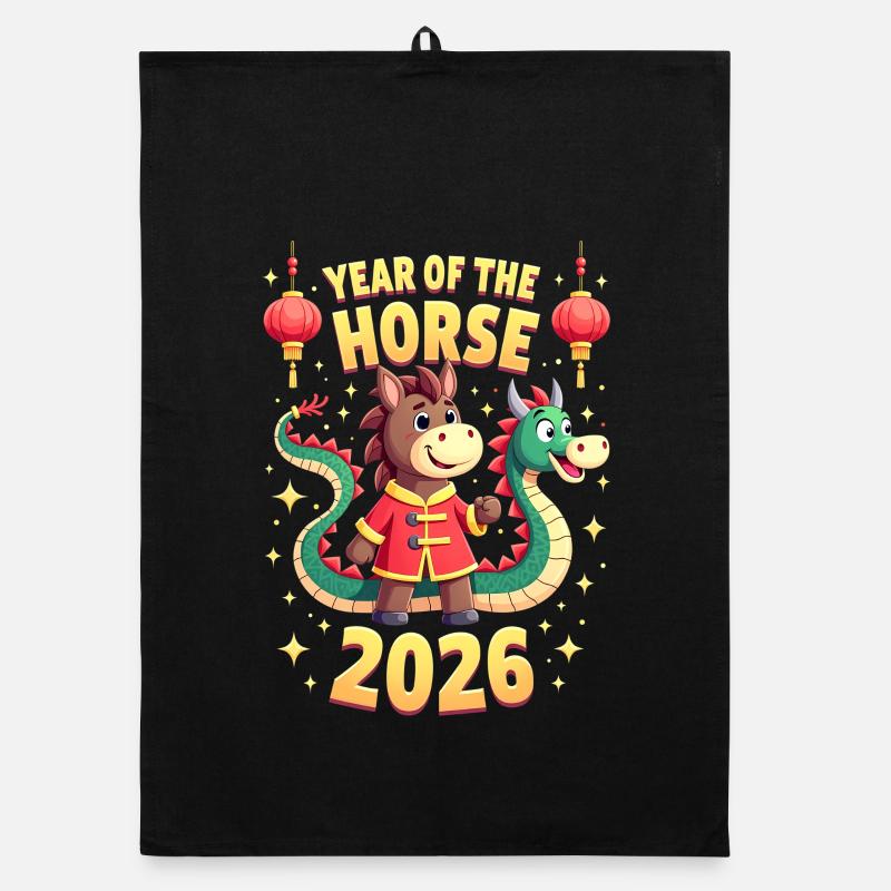 Nouvel An chinois du cheval 2026 Torchon bio