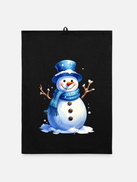 Snowman in winter with blue hat - Organic dish towel - black - Front