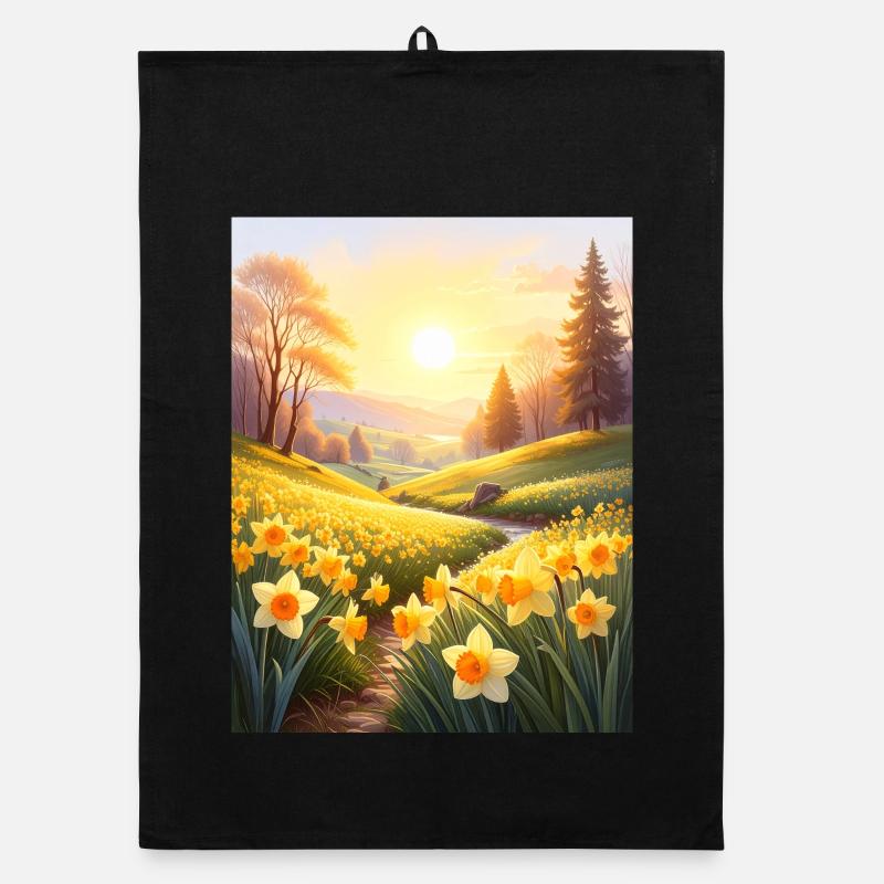 Daffodils on a spring meadow - Organic dish towel - black