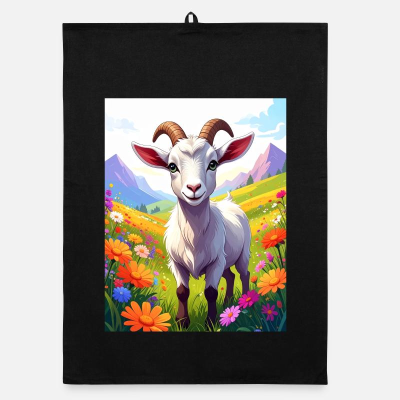 Goat in a flower meadow Organic dish towel