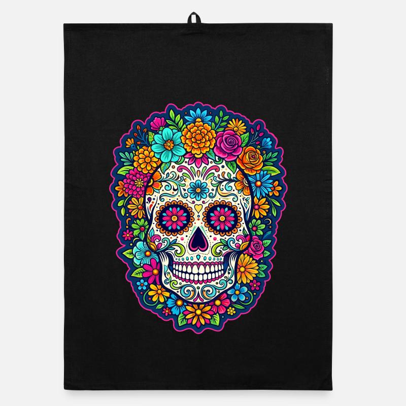 Tête de mort mexicaine sugar skull crâne fleurs Torchon bio