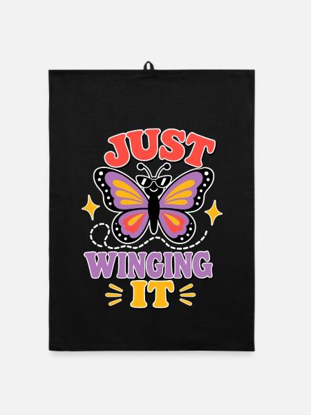 Just Winging It – Funny Butterfly - Organic dish towel - black - Front