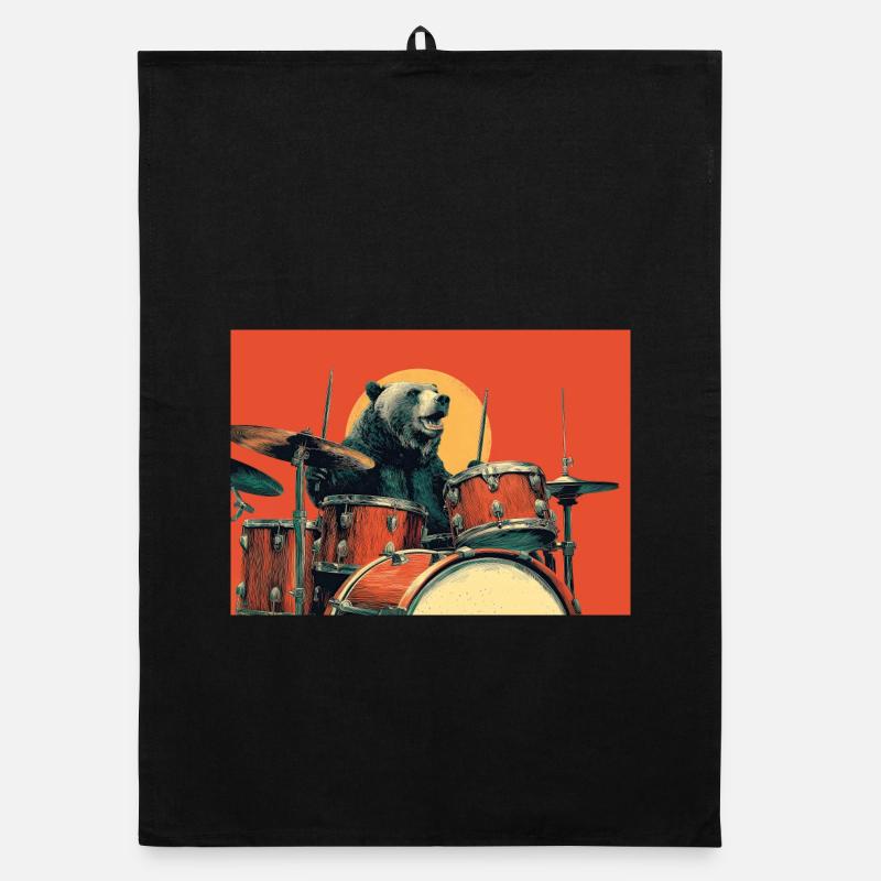 Wild Bear Playing Drums Retro Vintage Organic dish towel