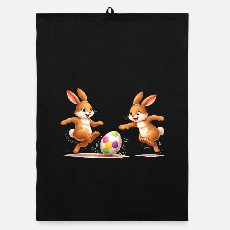 Easter bunnies playing soccer with colorful easter egg Organic dish towel