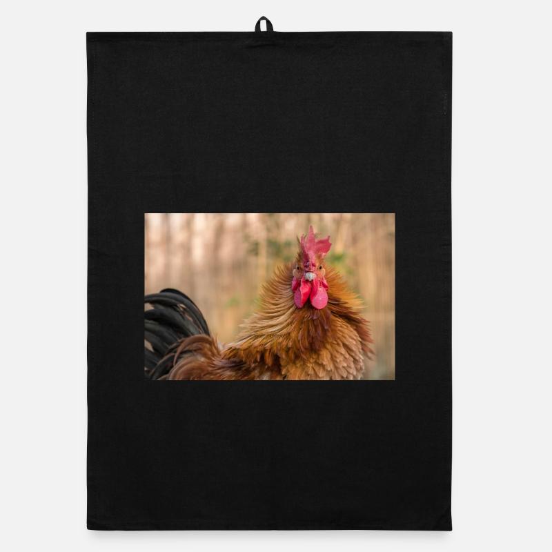 Coq à la lumière du matin - Gros plan, affiche Torchon bio