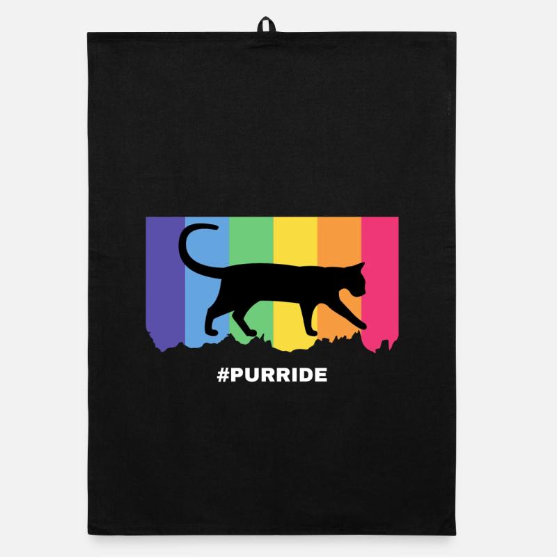 Purride cat silhouette over rainbow stripes Organic dish towel