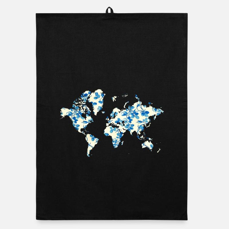 Carte du monde Fleurs Bleues Torchon bio