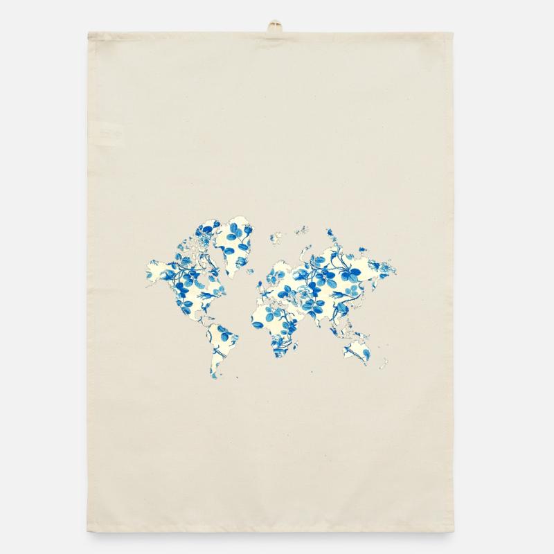 World Map Blue Flowers Organic dish towel