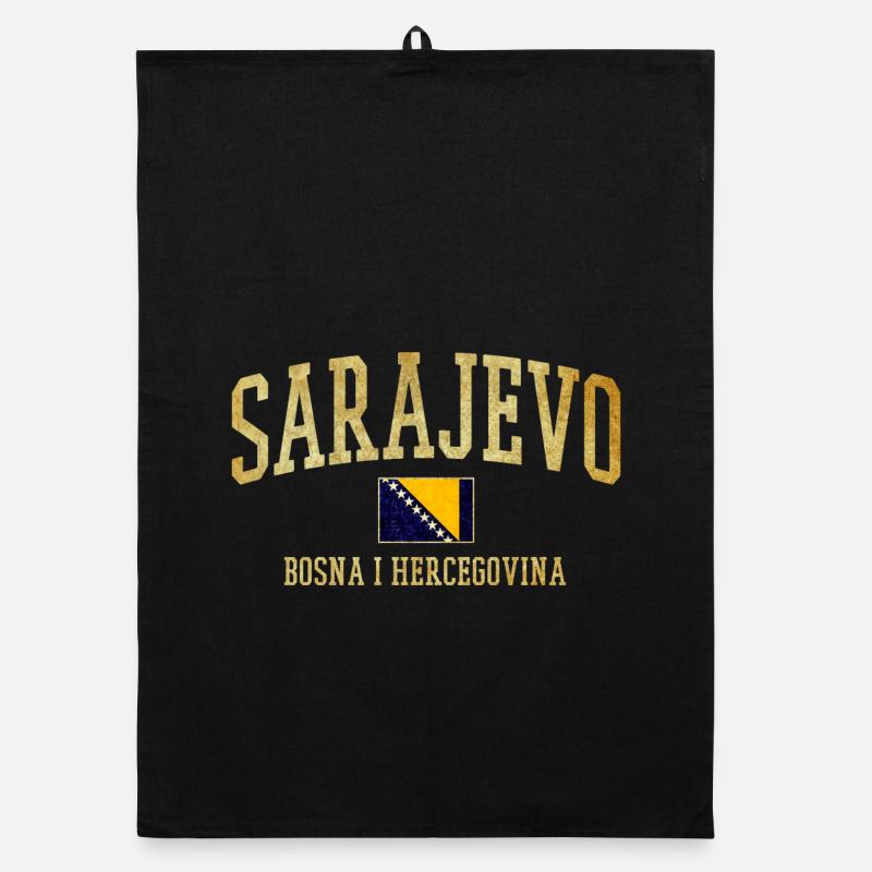 Lettrage doré de Sarajevo avec drapeau bosnien - Torchon bio - noir