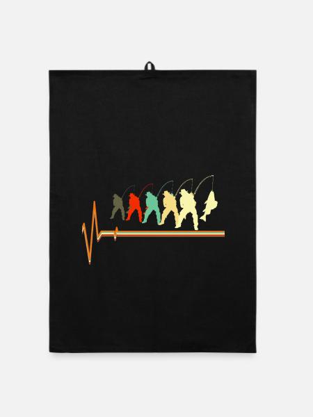 Retro Angeln Herzschlag EKG Pulse Fisherman Lover - Organic Geschirrtuch - Schwarz - Vorne