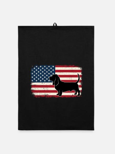 Basset Hound US Flag - Patriotic Dog Mom Dad - Organic dish towel - black - Front