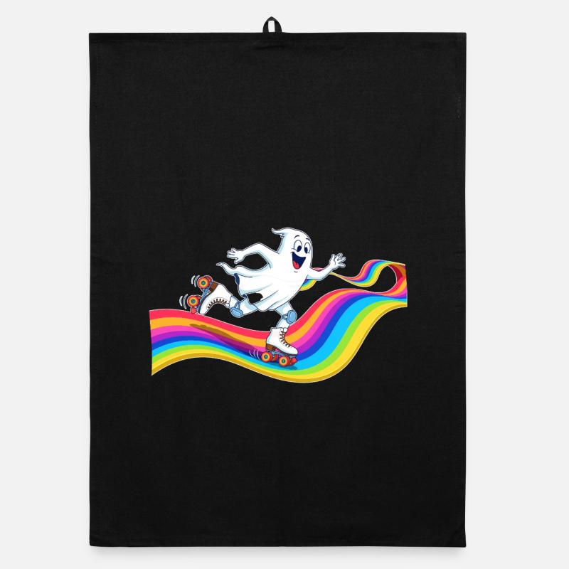 Ghost roller skating on rainbow rink Organic dish towel