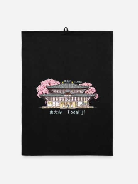 Nara Todai-ji, World Heritage, Temple in Japan Drawing - Organic dish towel - black - Front