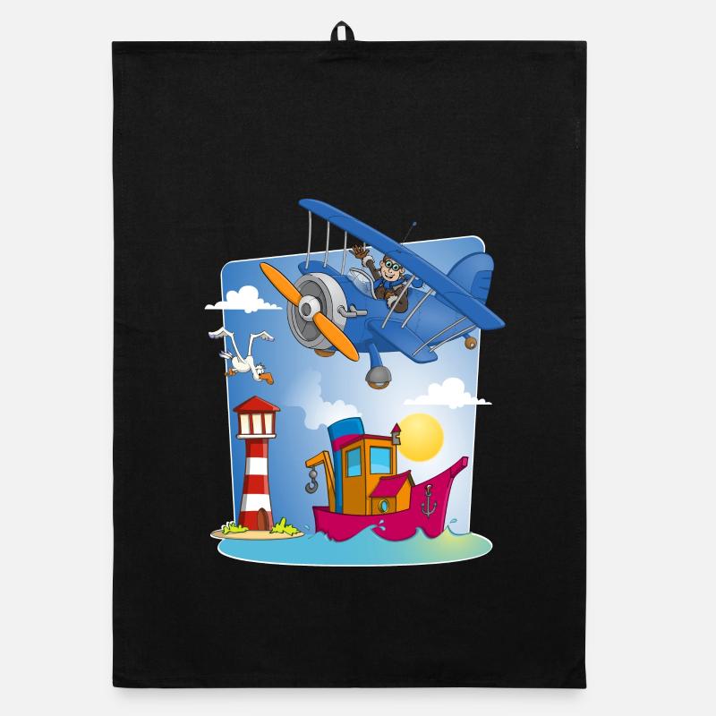Sonne, Meer, Flugzeug, Boot, Leuchtturm und Möwe Organic Geschirrtuch