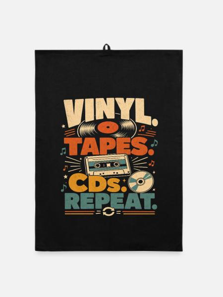Vinyl-CDs wiederholen Vintage-Musikliebhaber - Organic Geschirrtuch - Schwarz - Vorne