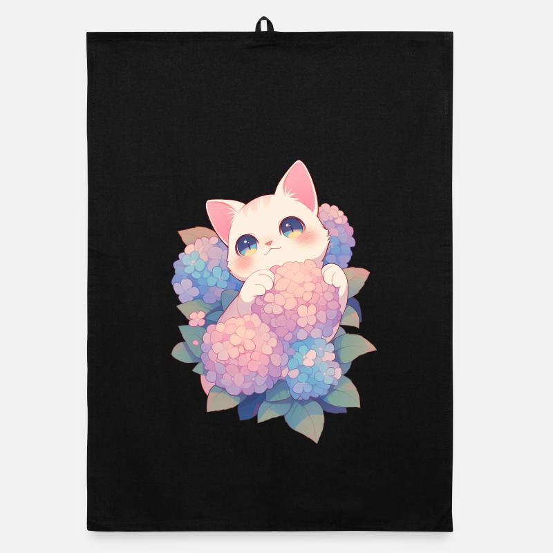 Kawaii White Cat Hydrangeas Flowers Chibi Style Organic dish towel