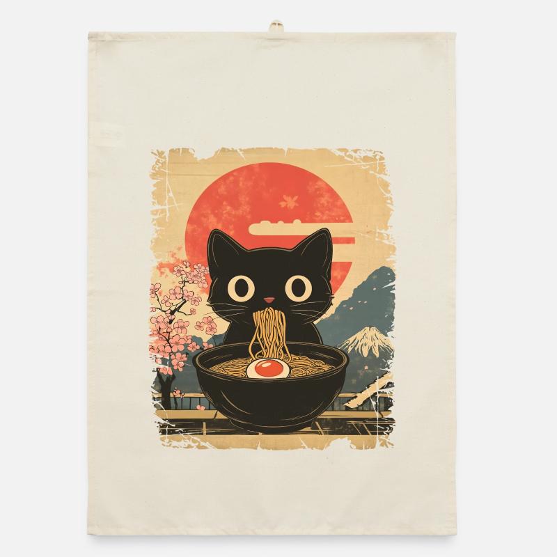 Cat Eats Ramen - style vintage Torchon bio