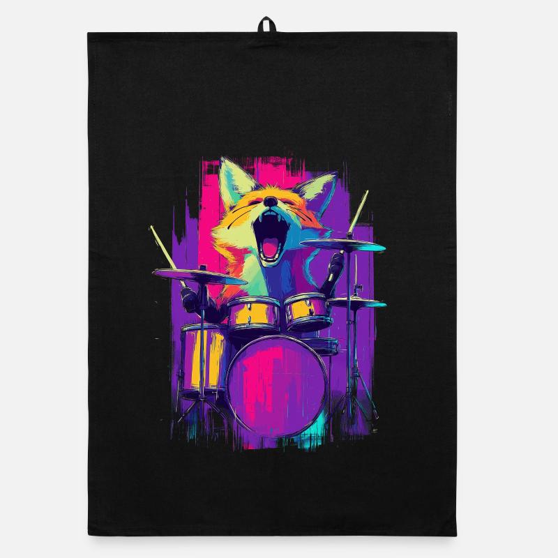 Wild Fox on Drums - Rock Drummer Gift Organic dish towel