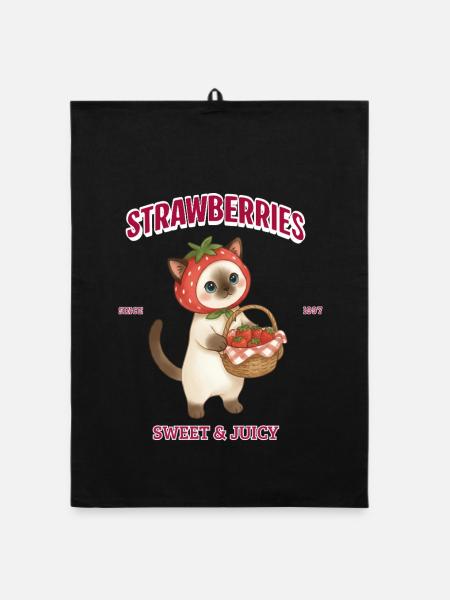 Strawberry Cat Sweet & Juicy - Organic dish towel - black - Front