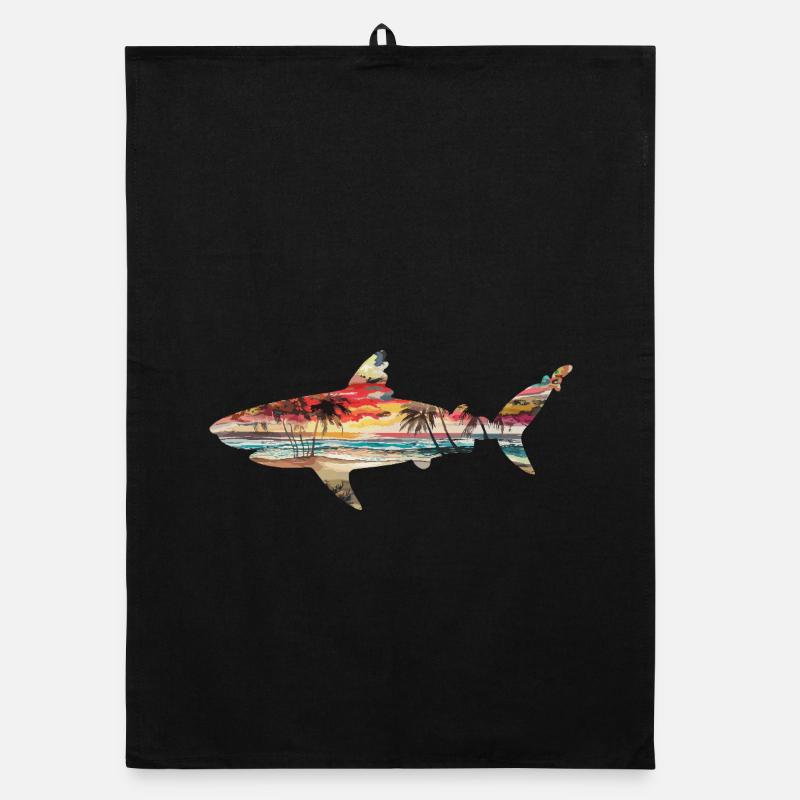 Coucher de requins Palmiers Plage Idylle tropicale Torchon bio