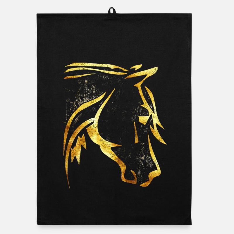 Équitation - Cavalier - Tête de cheval - Cheval d’or - Torchon bio - noir