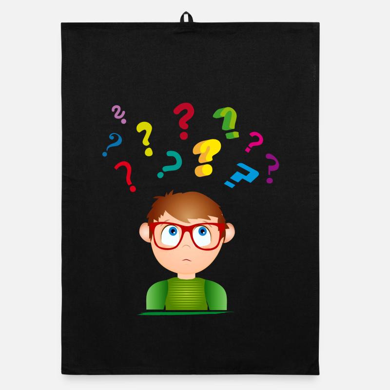 Garçon avec des lunettes avec de nombreux points d’interrogation colorés Torchon bio