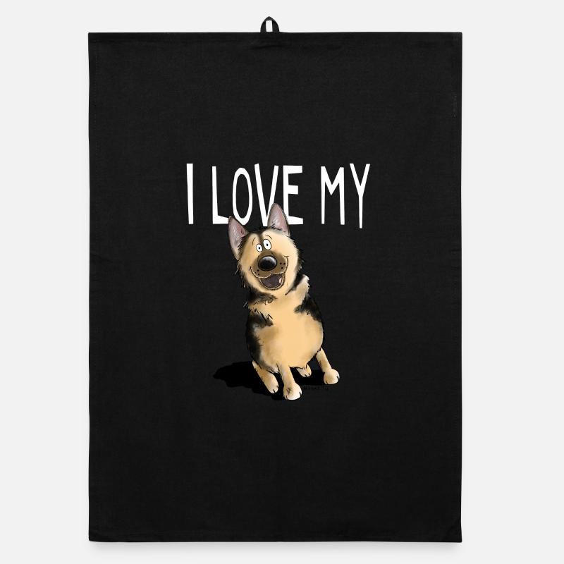 Funny German Shepherd with saying I Love Organic dish towel