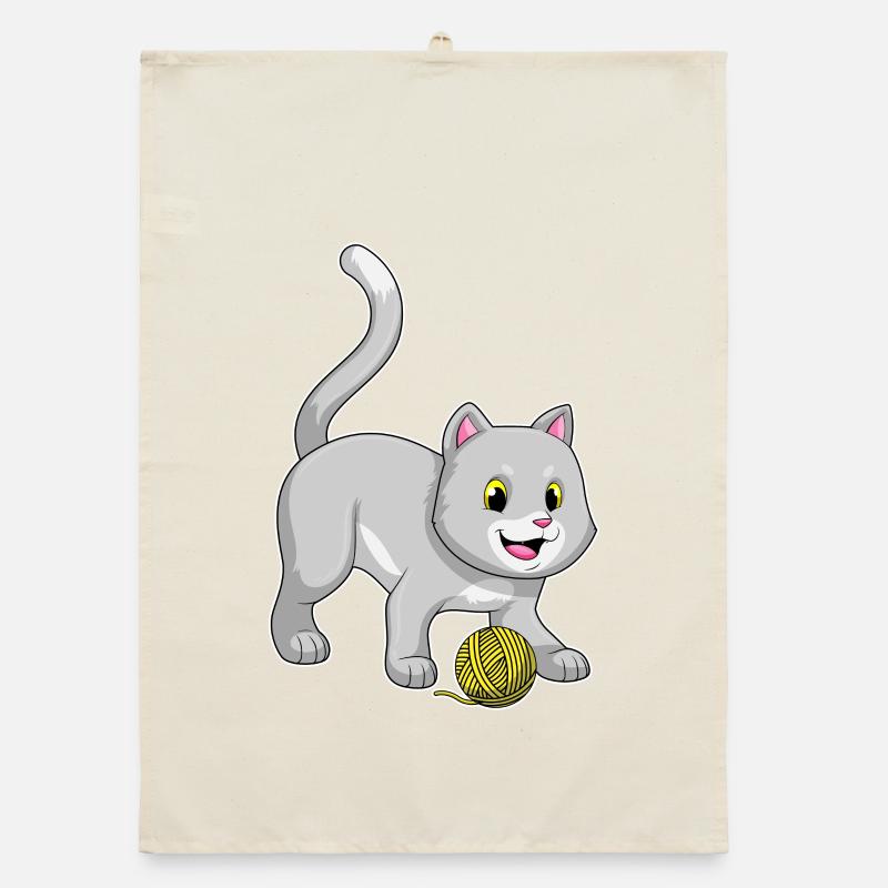 Cat with wool yarn ball Organic dish towel