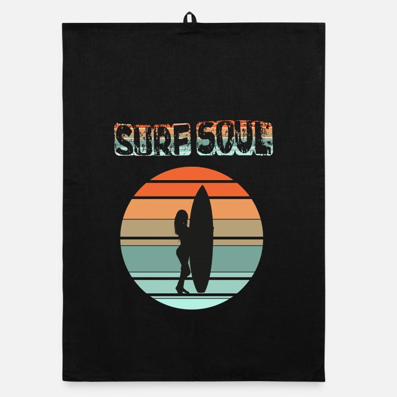 Silhouette de surfeur avec coucher de soleil - Torchon bio - noir