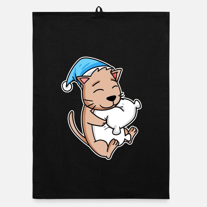 Cat with sleeping cap and pillow Organic dish towel