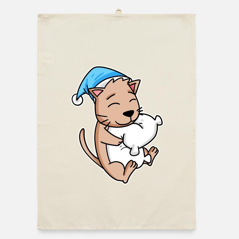 Cat with sleeping cap and pillow Organic dish towel