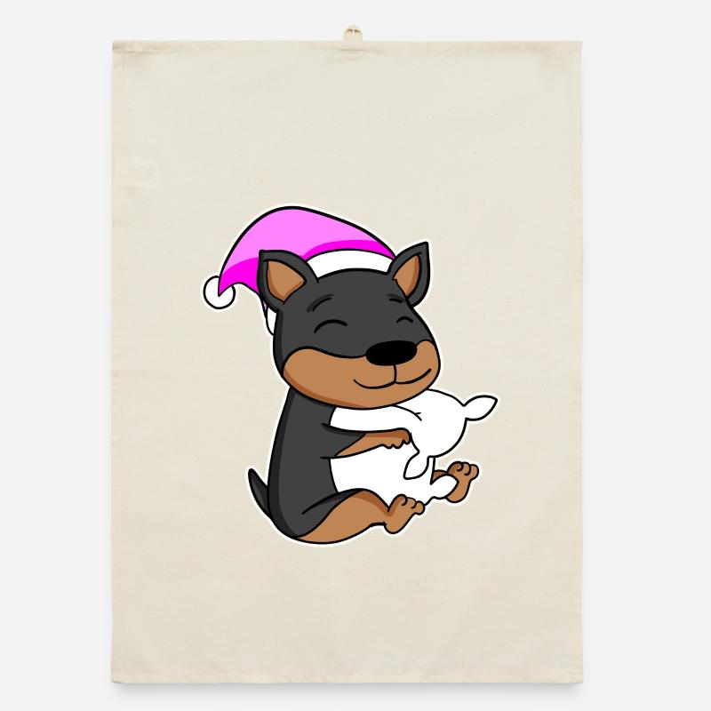 Dog Dwarf Pinscher with pillow and sleeping cap Organic dish towel