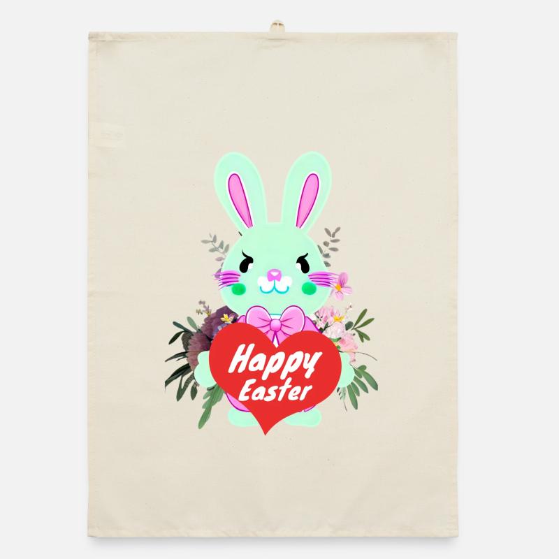 doux lapin de Pâques avec coeur Joyeuses Pâques Torchon bio