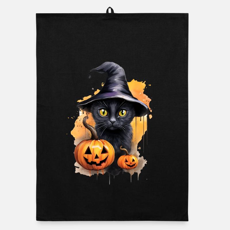 Witch Cat With Hat Black Cat Pumpkin Halloween Organic dish towel