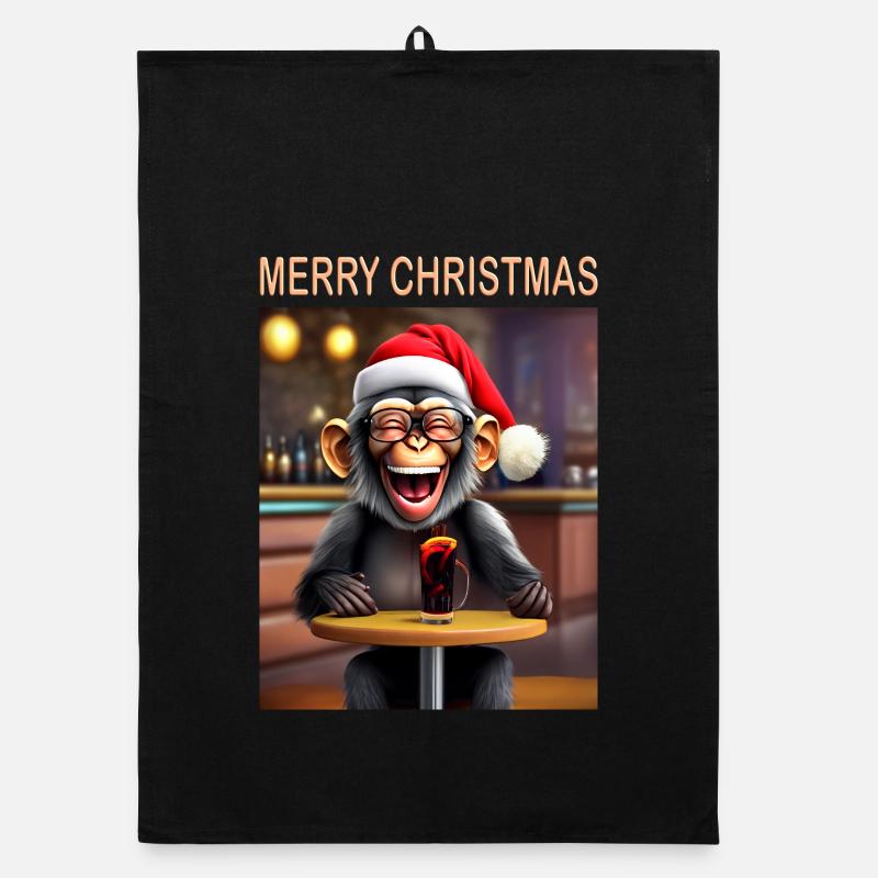 Monkey celebrates Christmas with hat and drink - Organic dish towel - black