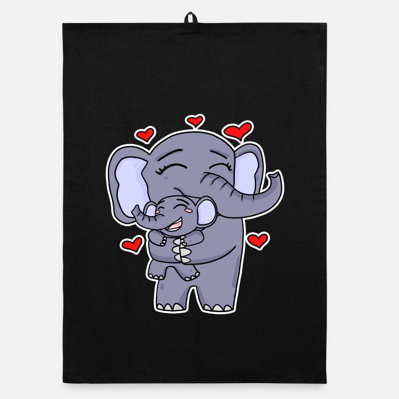 Famille d’éléphants - Éléphant avec bébé - Éléphant - Torchon bio - noir