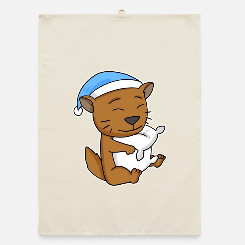 Dormir fatigué - Chat avec oreiller et bonnet somnolent Torchon bio